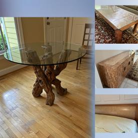MaxSold Auction: This online auction features exercise equipment, glass top tables, wicker furniture, MCM wooden wall art, area rugs & runner, TV, pink marble console table, desks, office chairs, patio furniture, printers, African woven bowls, MCM display shelf, portable AC units, adjustable desk, and more!