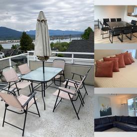 MaxSold Auction: This online auction features glass dining table & trolley, faux trees, desks, leather furniture, barstools, sectional sofa, patio furniture, hand lawn mower, washer/dryer combo, uplights, folding kayak, photographs, wheelchair, air purifier, massage chair, and more!