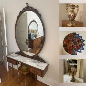 MaxSold Auction: This online auction features futon, desk, sewing machine, TV, small kitchen appliances, wood & marble bedroom furniture, patio tables, vintage Capodimonte vase, table lighter, art glass, Salerni art tile, metal wall art, grandfather clock, standing ashtray, and more!