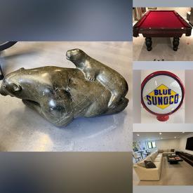 MaxSold Auction: This online auction features pool table, TVs, exercise equipment, vintage sleds, vintage snowshoes, fitness gear, portable closets, bar stools, soapstone carving, vintage gas globe signs, marble stone table, area rug, mirrored dressers, beveled mirror, sectional sofa, sports collectibles, vintage school desk, dehumidifier, and much more!