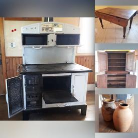 MaxSold Auction: This online auction features Belanger cookstove, vintage Hoosier baking centre, vintage bevel mirrors, vintage floor lamps, vintage treadle sewing machine, settees, spool beds, vintage chairs & benches, vintage teacher’s desk, vintage iron bed, vintage crocks, vintage farm implements, and more!
