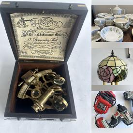 MaxSold Auction: This online auction features brass table lamp, Tiffany-style table lamps, brass sextants, oil lamps, metal & wood figurines, brass telescope, pocket & wrist watches, vinyl records, sewing machine, power tool, and more!n