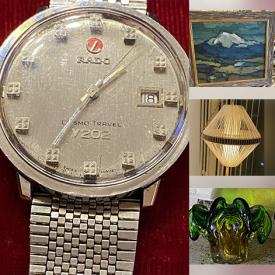 MaxSold Auction: This online auction features MCM ceiling lamps, vintage original oil painting, vintage MCM Turkish wall plates, vintage Pyrex, teacup/saucer sets, games, sports memorabilia, vintage jewelry, retro desk chair, pet products, tulip table lamp, jadeite, anniversary clock, vintage inkwell, watch, art glass, and more!