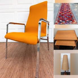MaxSold Auction: This online auction features MCM chairs, MCM tulip lamp, area rugs & runner, art pottery, brutalist wall art, vintage ashtray, Dornbush lamps, teak furniture, space age light fixtures, art glass, starburst table lamps, tapestries, Blue Mountain pottery, barstools, sculptured art, brass collectibles, wood carvings, Eames chair, Hull pottery, and much, much, more!!!
