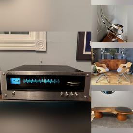 MaxSold Auction: This online auction features MCM teak furniture, vintage cabinet, vintage ceramic neck pillows, art pottery, Postmodern light fixtures, barstools, stereo components, Lucite waterfall table, MCM metal sculpture, desk chair, and more!