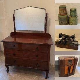 MaxSold Auction: This online auction features antique dresser, TV, antique display shelf, Carnival masks, vintage covered wagon lamp, dehumidifier, vintage tins, sublimation printer, antique floor radio, antique sewing machine, dryer, antique tools, new Thirty-One pieces, perfume bottles, Wade Whimisies, golf clubs, desk, and more!