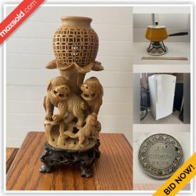 MaxSold Auction: This online auction features decorative plates, S & P shakers, cranberry glass, Carnival glass, teacup/saucer sets, Bunnykins, Visions cookware, cookie jar, coins, soapstone carving, comics, log splitter, settee sofa, upright freezer, DVDs, comics, area rug, and more!n