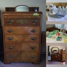 MaxSold Auction: This online auction features trundle bed, computer desk, TV, standing jewelry cabinet, antique vanity, vintage sewing machine, Art Deco vanity, cedar chest, antique meat grinders, collector teapots, art glass, small kitchen appliances, vinyl records, golf clubs, camping gear, hand tools, yard tools, and more!