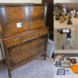 MaxSold Auction: This online auction features teacup/saucer sets, secretary desk, metal/glass pendant light, lift chair, dressing table, sewing machine, sectional sofa, vintage bell collection, cuckoo clock, small kitchen appliances, children’s puzzles, toys, toddler clothes & shoes, exercise equipment, TV, BBQ grill, garden art, patio furniture, camping gear, garden tools, collector plates, telescope, games, guitar, pet products, nutcrackers, firepit, and more!
