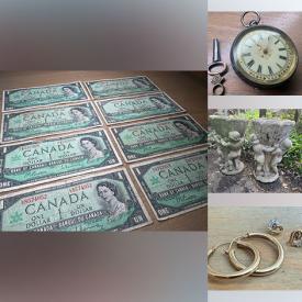 MaxSold Auction: This online auction features pocket & wrist watches, sterling, gold, & costume jewellery, concrete planters, Gruvwood lamps, coins, banknotes, perfume bottle, table lamps, Mid Century dresser, refrigerator, stove, electric safe, antique corner chair, Fiestaware, teacup/saucer sets, Royal Doulton figurines, decanters, ginger jars, and more!