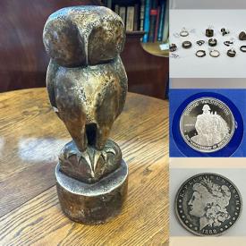 MaxSold Auction: This online auction features coins, sterling silver jewelry, rolling toolbox, hand tools, garden art, patio furniture, ceramic garden stools, outdoor toys, art glass, small kitchen appliances, NIP action figures, tin toy, sports trading cards, hurricane lamp, trinket boxes, wooden wall mask, and more!