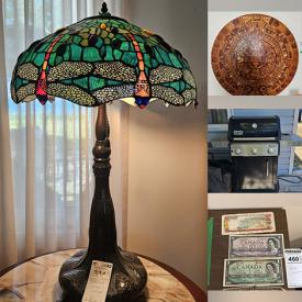 MaxSold Auction: This online auction features coins, currency, area rugs, onyx collectibles, collectible figurines, collector plates, stone carvings, display cabinets, cloisonne eggs, TVs, inlaid table, Precious Moment, Blue Mountain pottery, Hummels, art glass, teacup/saucer sets, stained glass lamp, small kitchen appliances, collector pewter spoons, pressure washer, upright freezer, golf clubs, electrical supplies, cameras, BBQ grill, patio furniture, garden tools, bike, air compressor, garden art, power & hand tools, cuckoo clock, watches, stamps, gold, silver, & costume jewelry, souvenir spoons, jewelry dresser, games, antique books, office supplies, printers, vinyl records, and much, much, more!!!\n