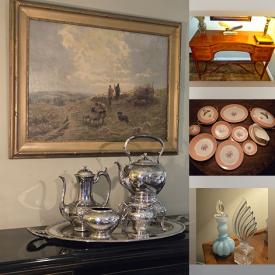 MaxSold Auction: This online auction features antique desk, Ebony china cabinet, vintage Tulip lamp, vintage mirrors, antique inkwell, art glass, collector plate, Satsuma floor vases, soapstone sculpture, Waterford crystal, perfume bottles, silver-plated serving utensils, and more!