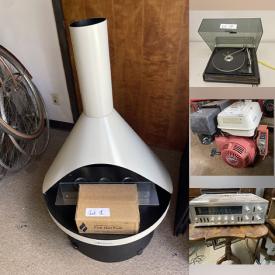 MaxSold Auction: This online auction features freestanding fireplace, Legos, oil lamps, outboard motor, power & hand tools, sailboard, bikes, stereo components, wood train set, exercise equipment, antique books, toys, antique desk, TV, BBQ grill, garden tools, men’s & women’s shoes, sports equipment, garden pots, steins, vintage tins, generator, pet products, vintage clothing and more!