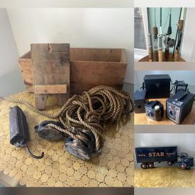 MaxSold Auction: This online auction features Toby mug, teacup/saucer sets, vintage Blue Willow, vintage tins, vintage horse brasses, antique wash stand, antique corner cabinet, vintage fishing poles, antique cameras, and more!