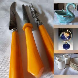 MaxSold Auction: This online auction features vintage pocket vases, Fenton glass, Belleek, art glass, Depression glass, perfume bottles, vintage ashtrays, Blue Mountain pottery, milk glass, decorative plate, Waterford crystal, decanter sets, vintage inkwell, Hull pottery, table lighter, Art Deco lamp, and more!