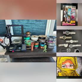 MaxSold Auction: This online auction features metal art sculptures, electronic safe, art masks, stained glass art, NIB Barbie & Kens, NIB Midge & Baby sets, sewing supplies, fabric, costume jewelry, craft supplies, security light, hand & power tools, games, garden tools, refrigerator, rolling tool chest, art glass, 3D printer, futon, counter stools, small kitchen appliances, garden art, stone carvings, patio furniture, office supplies, glass desk, new eye & sunglasses, TV, toys, and much, much, more!!!
