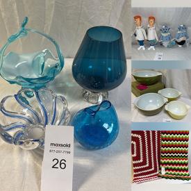 MaxSold Auction: This auction features Fenton Glass, Hand painted Ceramics, Cobalt Glass , Cut Glass, MCM Vases, Simpsons Plush, Cartoon Figures, Kermit The Frog Stuffed Toys, Frames, Painted Eggs, Clock, Pyrex Bowls, Trucker Hats, Afghan Throws. Bar Cart and much much more!