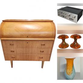 MaxSold Auction: This online auction features art pottery, vintage Pyrex, cast iron teapot, Fenton glass, art glass, vintage Satsuma egg, Limoges trinket box, Japanese Kokeshi dolls, Cloisonne vases, collector plates, snuff bottles, costume jewelry, comics, Lego sets, guitars, antique carved doors, Swarovski jewelry, vinyl records, stereo components, and much, much, more!!!\n
