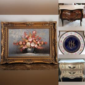 MaxSold Auction: This online auction features gilt wood mirrors, Meissen plates, Dresden plates, antique commodes, metal/glass tables, leather bound books, planters, camping gear, NIB garden lights, hanging baskets, area rug, garden art, and more!