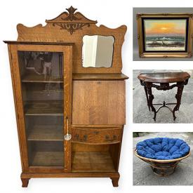 MaxSold Auction: This online auction features paintings, settee, Papasan chair, brass candelabra, side tables, collector plates, art glass, antique secretary, Lusterware, Mercury glass, stamps, and more!