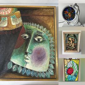 MaxSold Auction: This online auction features Art Deco statue, Kathleen Moors Hanrahan artwork, Art Nourveau stained glass lamp, lily lamp, stone carving, stained glass panel, art glass, antique copper boiler, art pottery, Vaseline glass, John Perry sculpture, vintage buttons, wood carvings,  Blue Mountain pottery, vinyl records, and more!n