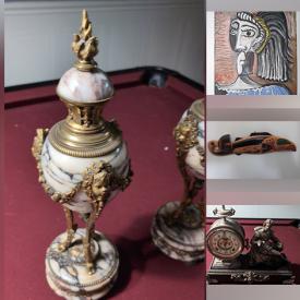 MaxSold Auction: This Charity/Fundraising Online Auction features cast iron clock, antique marble urns, LE Picasso prints, LE Charles Bragg prints, gold/pearl jewelry, Russell William carving, and more!n