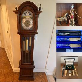 MaxSold Auction: This online auction features silver & costume jewelry, vintage Grandfather clock, Asian silk panels, watches, Lladro figurines, area rug, Dutch Delft, Toby mug, vintage Cloisonne, golf clubs, art glass, vintage shell lamps, vinyl records, African mask, perfume bottles, lacquer boxes, snuff bottle, women’s clothing & shoes, outerwear, purses, scarves, teacup/saucer sets, decanter set, games, barstools, small kitchen appliances, day bed, desktop computer, souvenir spoons, art pottery, TV, washer, dryer, office supplies, desk, plant pots, BBQ grill, and much, much, more!!!