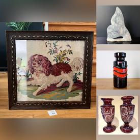 MaxSold Auction: This online auction features Inuit art, Tom Thomson print, Jobeth Maize sculpture, art glass, metal wall art, West German pottery, antique bottles, art pottery, perfume bottles, mirrors, teacup/saucer sets, totem pole collection, vintage Pyrex, Belleek, stamps, Royal Doulton figurine, Lladro bells, cookie jar, Mexican pottery, vintage belt buckles, jadeite, and more!