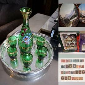 MaxSold Auction: This online auction features slag glass lamp, vintage brass wall plates, vintage books, decanter set, Depression glass, sterling & costume jewelry, Christmas village houses, vinyl records, teacup/saucer sets, stamps, postcards, and much, much, more!!!
