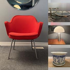 MaxSold Auction: This online auction features teak furniture, tubular steel chairs, aluminum chairs, bar stools, abstract paintings, mushroom lamp, vintage Pyrex, vintage pyramid light, antique glass grape light fixture, wood carvings, cast iron teapot, and more!