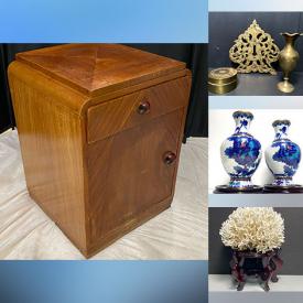 MaxSold Auction: This online auction features porcelain Buddha, antique Cloisonne vases, uranium glass, antique wall mask, planters, antique wood chest, antique printing block, vintage Staffordshire figurine, oil lamp parts, Belleek, art glass, antique books, vintage stoneware, stereoscope cards, antique Asian corner chair, wood carving, teak furniture, decanter set, and more!