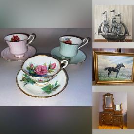 MaxSold Auction: This online auction features Carnival glass, metal wall art, Lusterware, Depression glass, teacup/saucer sets, vintage toys, electronic keyboards, games, milk glass, hurricane lamp, small kitchen appliances, brass sculptures, vintage smoking cabinet, steins, vintage crocks, Red Rose tea figurines, art glass, Krystonia figurines, antique furniture, Boyd’s Bear figurines, and more!