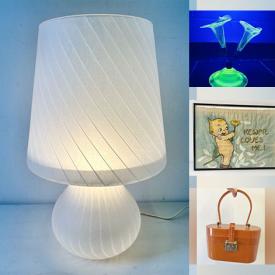 MaxSold Auction: This auction features Murano Lamp, Uranium Glass, Kewpie Embroidery, Art, Figurines, Bakelite Purse, Vases, Beswick Horse, MCM Iron, Marquetry Table, Dog Statue, Hat Form, Teak Crow , Mirrors, Bottle Openers, Tiger Statue,   and much much more!