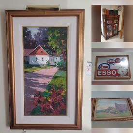 MaxSold Auction: This auction features Many Watercolor and Oil Paintings, Esso Mirror, Framed Prints, Bookcases, Books, Barrister Bookcase, Area Rugs, Antique Books, Brass Clock, Vintage Hockey Game, Sofa with Carved Legs, Dining Chairs, Kitchenware, Iron, Dresser, Hand Tools, Hardware, Birdfeeders, Knitting Supplies, Barware, Figurines, Beds and much much more!