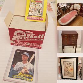MaxSold Auction: This online auction features sports trading cards, laser projector, area rug, shoes, vintage long couch, children’s books, M. Besunder artworks, vintage decorative plates, art books, and more!n