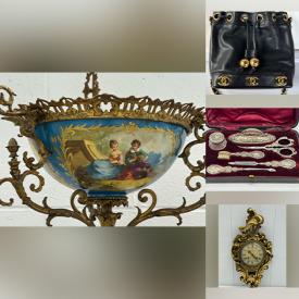 MaxSold Auction: This online auction features wall & pillow tapestries, antique chandeliers, Limoges, antique embroidered fire screens, teacup/saucer sets, vintage enamel spoons, antique chairs, crystal decanters, antique urns, antique settee, area rug, demitasse cups/saucers, antique cabinet plates, vintage parlor chairs, antique candelabra table lamps, art glass, silk divider screen, throne chairs, antique oak wall unit, Evesham, antique miniature paintings, golf clubs, Meissen porcelain, Carnival glass, inlaid marquetry table, vintage art deco lamp, antique desk, designer handbags & clothing, and much, much, more!!!n