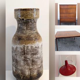 MaxSold Auction: This online auction features MCM furniture, Pagholz Bent chairs, floor pottery, wall art sculptures, art glass, vintage Pyrex, Hull pottery, antique stoneware jug, area rug, vintage children’s books, chrome swag light, Fenton glass, West German pottery, Poole pottery, Brutalist figures, vintage ashtray, wood carvings, Roseville pottery, and more!