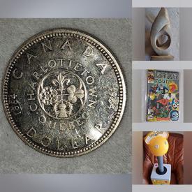 MaxSold Auction: This online auction features costume jewelry, watches, coins, banknotes, perfume bottles, art glass, vinyl records, metal sculptures, collectible thimbles, Pokemon cards, crockery, Depression glass, sports trading cards, comics, toys, stamps, and more!