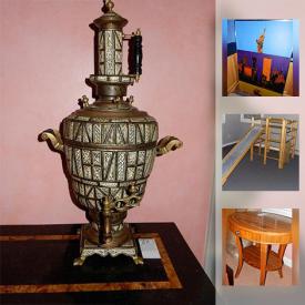 MaxSold Auction: This online auction features ANTIQUE: Moroccan samovar; urns from China and Morocco; galvanized wash basin with copper handles. VINTAGE: Marble mantle clock; vanity; art prints; settee; 20's sideboard/dresser; Biedermeier style chairs. FURNITURE: Several headboards; several chaise lounges including a like new Charles P. Rogers twin bed; stone top nightstands with rosewood bases; hall tree; several benches and more! HOME IMPROVEMENT: 2 FULL BOXES EXOTIC HARDWOOD FLOORING; BOXES OF GRANITE; closet system. Sony 32 " and LG 50 " flatscreen TV's with wall-mounts. Parabody home gym equipment. COLLECTIBLE: Framed butterflies; large amethyst geode and much more!