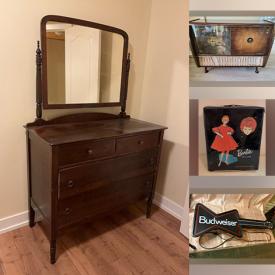 MaxSold Auction: This online auction features vinyl records, bike, lawn mower, stained glass shade, wine rack,  milk glass, bar stools, garden tools, planters, power tools, sleigh bed, vintage upright piano, metal shelving unit, vintage toys, puzzle, original Barbie cases, vintage brass bed, beer steins, costume jewelry, DVDs, games, Royal Doulton figurine, vintage kitchen tools, patio furniture, painting supplies, fishing gear, CDs, ladders, antique windows, TV, camera, and much, much, more!!!