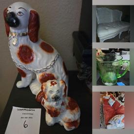 MaxSold Auction: This online auction features wooden statues, antique Staffordshire, obelisks, booth bench, collector plates, glass-top dining table, art glass, electric fireplace, rooster collection, trinket dishes, Jay Rothman drawing, elephant collection, pendulum wall clock, TVs, upright piano, uranium glass, vintage Pyrex, garden art, outdoor water fountain, S&P shakers, antique mantel clock, novelty teapots, vintage Asian Guanyin figurines, and much, much, more!!!