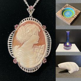 MaxSold Auction: This online auction features vintage ashtray, art pottery, art glass, Indigenous artwork, slag glass lamp, brass collectibles, vintage bamboo bird cage, silver jewelry, teacup/saucer sets, Chinese Famille jardinieres, and more!