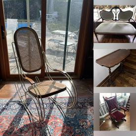 MaxSold Auction: This online auction features barrister bookcase, teak furniture, brass/glass table, leather wing chairs, throne armchair, antique rocking chair, antique sideboards, mirrors, and more!