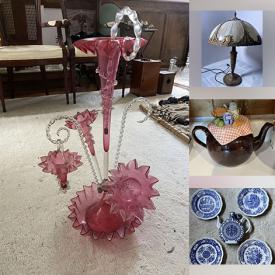 MaxSold Auction: This online auction features antique crock jugs, antique sewing machine table, art glass, antique slag glass lamp, antique oil lamp, Royal Doulton figurines,  Victorian tapestries, teacup/saucer sets, blue/white porcelain, novelty teapots, vintage tins, antique typewriter, antique clocks, and more!