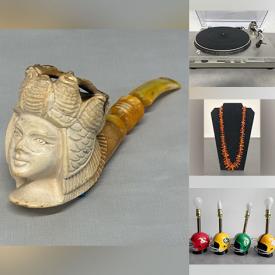 MaxSold Auction: This online auction features vintage snuff bottles, art glass, teacup/saucer sets, vintage chess clock, antique stone seal, coins, art pottery, Meerschaum pipe, vintage drafting tools, Legos, vinyl records, turntables, speakers, silver, gold & costume jewelry, football helmet lamps, and more!