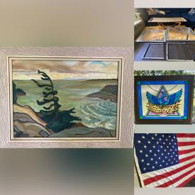 MaxSold Auction: This online auction features Paul Pinola paintings,  art pottery, cookie jar, antique sewing machine, garden tools, brass planters, standing ashtray, teacup/saucer sets, stained glass panel, Pokemon cards comics, watches, costume jewelry, E. Gils paintings, Joe Platzer artwork, and more!