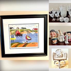 MaxSold Auction: This auction features Books, Shelving, Lamps, Lladro, Royal Doulton Figures, Dinnerware, Wingback Chair, Framed Art, Cookware Set, Ikea Drawers, Barware, Platters, Dining Set, Tables, Linens, Desk, Utensils, DVDs, Tennis Racquet, Rattan Seating, Walker, TV,  Hand Tools   and much much more!