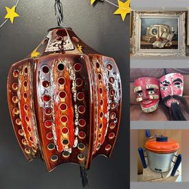 MaxSold Auction: This online auction features McCoy pottery, cookie jar, vintage Wyroco wall hanging, costume jewellery, vintage flower pot light, vintage snowshoes, Fenton glass, decanter set, Chalvignac lamp, carved wood masks, stained glass lights, and more!