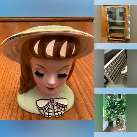 MaxSold Auction: This online auction features vintage head vase, Royal Doulton figurines, Lladro figurine, teacup/saucer sets, canning jars, vintage kitchen linens, curio cabinets, art glass, games, dollhouse, garden tools, art pottery, cookie jar, decanter set, vintage vanity, live plants, and more!